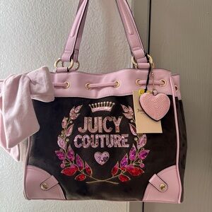 Juicy Couture Pink and Brown Sequin Embellished Tote with Heart Charm